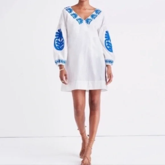 Madewell Blanca embroidered white dress blue stitching XS EUC - Picture 1 of 11